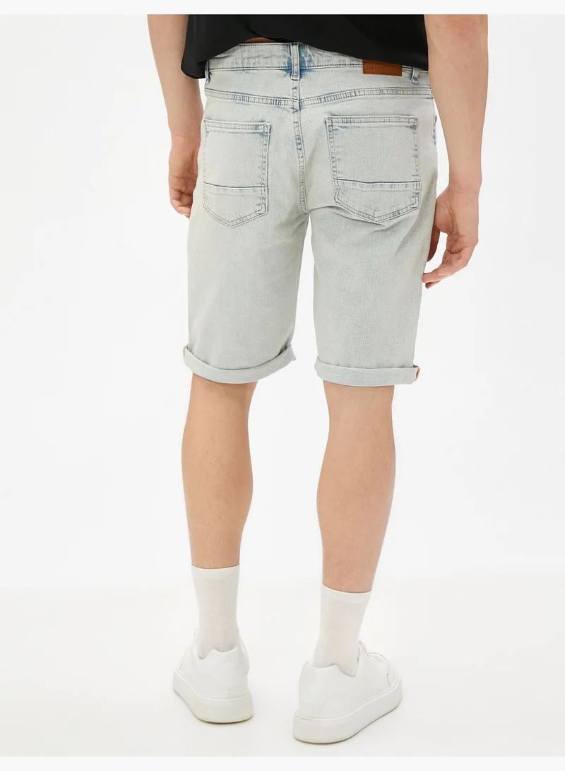 KOTON Bermuda Denim Shorts Folded Leg Cotton Pocket Detailed