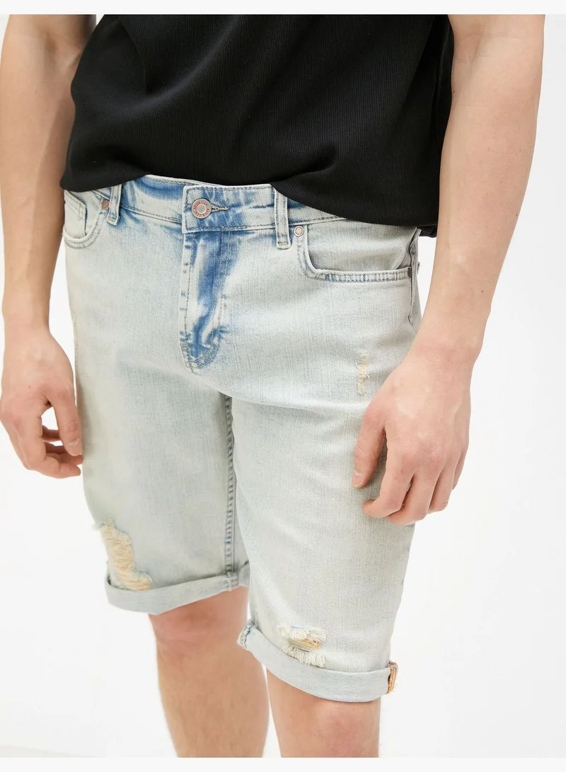 KOTON Bermuda Denim Shorts Folded Leg Cotton Pocket Detailed