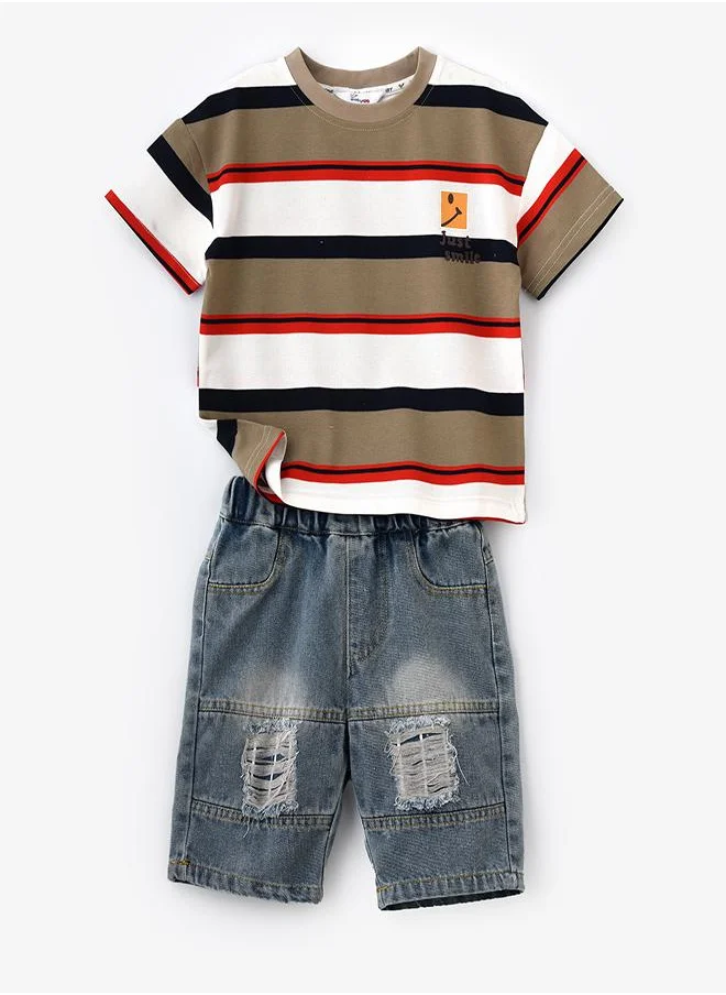 بيبي كلو Trendy Striped T-Shirt & Denim Shorts Set