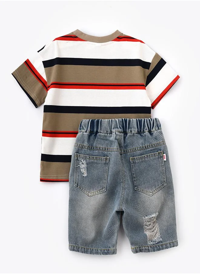 بيبي كلو Trendy Striped T-Shirt & Denim Shorts Set