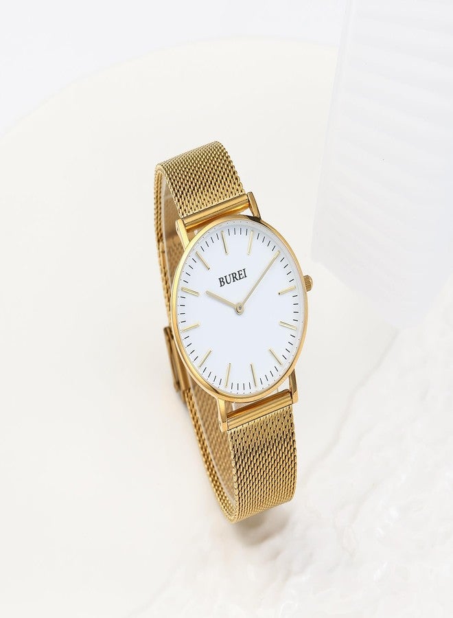 BUREI Womens Fashion Gold Stainless Steel Mesh Watch Analog Quartz Waterproof Ladies Watch Dainty Bracelet Wristwatch for Women,Gifts for Girlfriend, white gold - Image 2