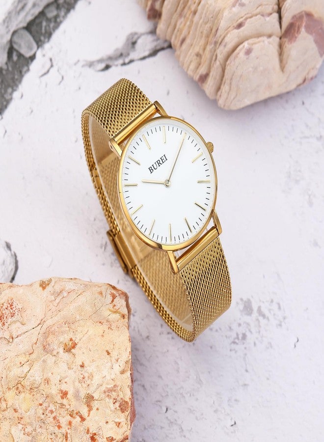 BUREI Womens Fashion Gold Stainless Steel Mesh Watch Analog Quartz Waterproof Ladies Watch Dainty Bracelet Wristwatch for Women,Gifts for Girlfriend, white gold - Image 3