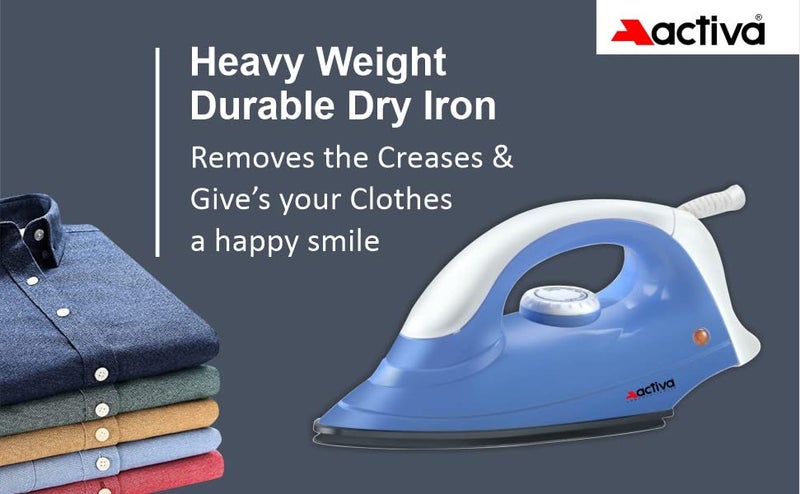 ACTIVA Plastic Coral 900 Watts Light Weight Dry Iron, Wrinkles free Ironing, Non Stick Teflon Coating, Over Heat Safety, ISI Marked, Swivel Cord, Auto Temperature, 1 Year Warranty (Blue & White) - Image 5