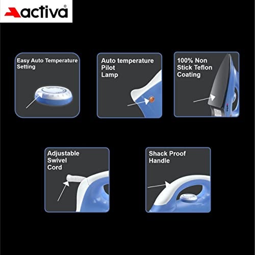 ACTIVA Plastic Coral 900 Watts Light Weight Dry Iron, Wrinkles free Ironing, Non Stick Teflon Coating, Over Heat Safety, ISI Marked, Swivel Cord, Auto Temperature, 1 Year Warranty (Blue & White) - Image 4