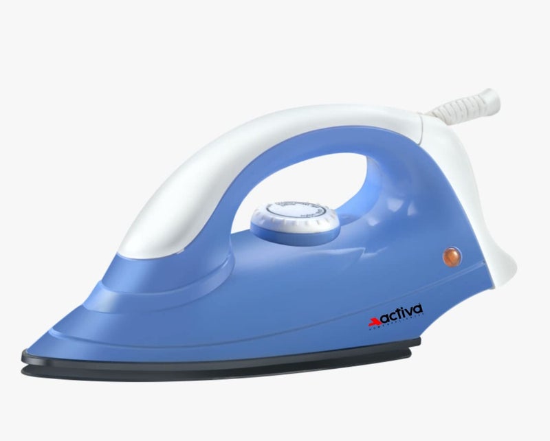 ACTIVA Plastic Coral 900 Watts Light Weight Dry Iron, Wrinkles free Ironing, Non Stick Teflon Coating, Over Heat Safety, ISI Marked, Swivel Cord, Auto Temperature, 1 Year Warranty (Blue & White) - Image 1