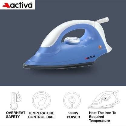 ACTIVA Plastic Coral 900 Watts Light Weight Dry Iron, Wrinkles free Ironing, Non Stick Teflon Coating, Over Heat Safety, ISI Marked, Swivel Cord, Auto Temperature, 1 Year Warranty (Blue & White) - Image 3
