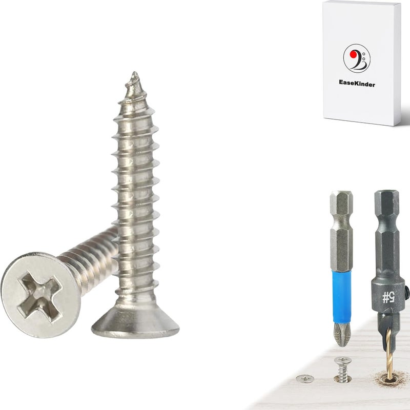 Kinder Wood Screws - 200PCS Flat Head Phillips Screws, 304 Stainless Steel Screw with Adjustable Wood Countersink Kit (#4 x 5/8") - Image 1