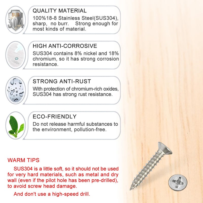 Kinder Wood Screws - 200PCS Flat Head Phillips Screws, 304 Stainless Steel Screw with Adjustable Wood Countersink Kit (#4 x 5/8") - Image 2