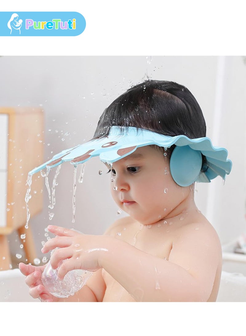PureTuti Baby Shower Cap for Kids Adjustable Soft Bathing Visor Hat Eye Ear Face Protector Safe Shower Shield Blue Everyday Use - Image 3