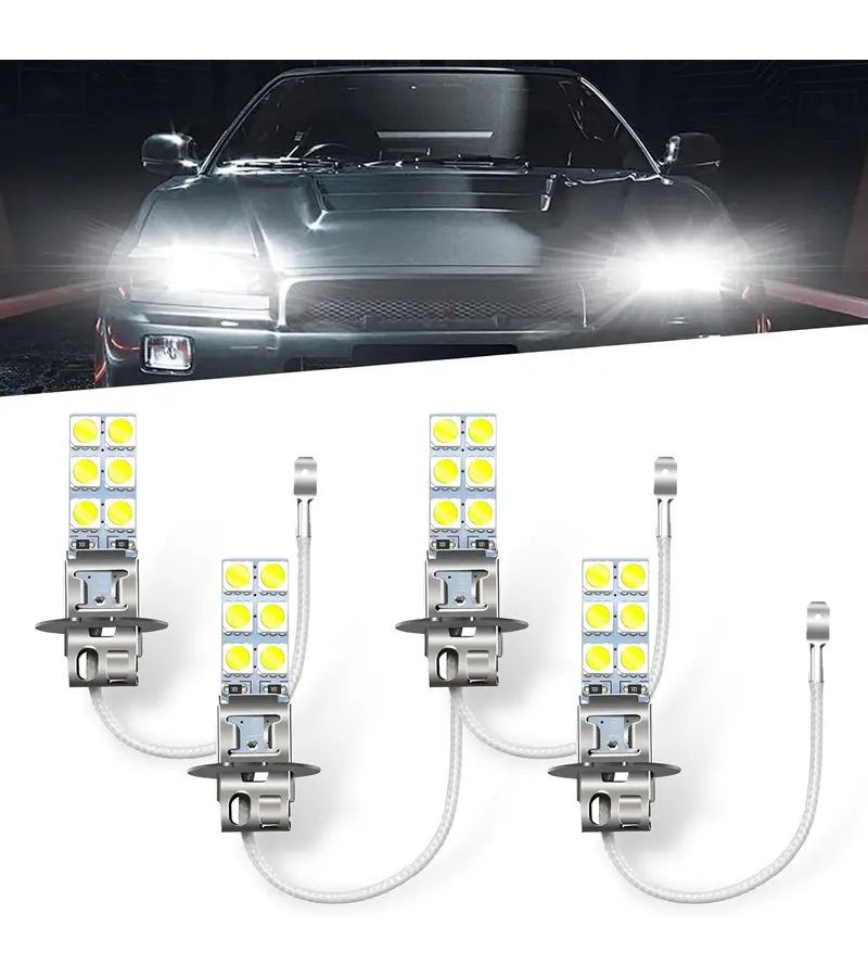 4 قطع لمبة LED H3 للضباب 5050 12SMD 55W 6000K مضادة للضباب بدون إضاءة مزعجة - Image 1