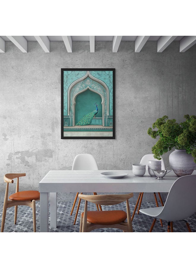 Art Decor Framed Fine Art Portrait Print of Peacock in Royal Indian Archway Traditional Rajasthani Blue Teal Palace Vibrant Animal Wall Décor Living Room Bedroom Office - Image 2