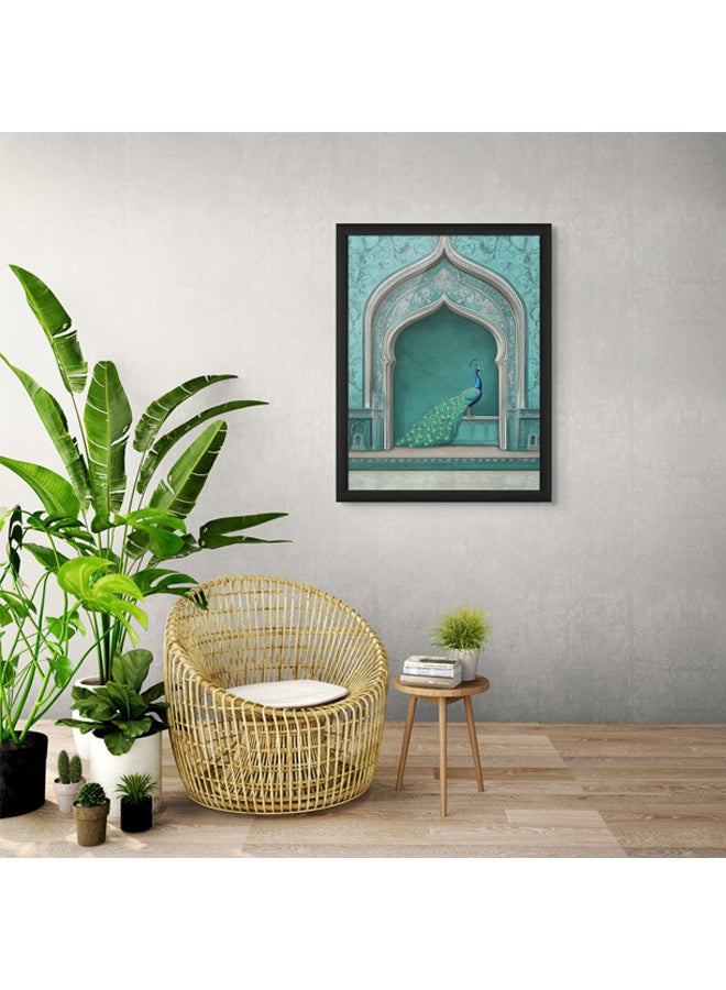 Art Decor Framed Fine Art Portrait Print of Peacock in Royal Indian Archway Traditional Rajasthani Blue Teal Palace Vibrant Animal Wall Décor Living Room Bedroom Office - Image 3