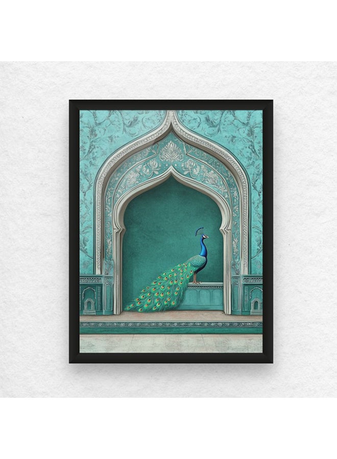 Art Decor Framed Fine Art Portrait Print of Peacock in Royal Indian Archway Traditional Rajasthani Blue Teal Palace Vibrant Animal Wall Décor Living Room Bedroom Office - Image 1