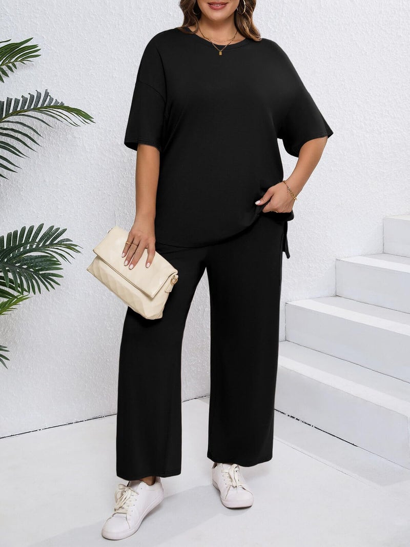 Beautife Womens Plus Size Lounge Sets Short Sleeve Tops Wide Leg Pants 2 Piece Outfits Tracksuit with Pockets - Image 3