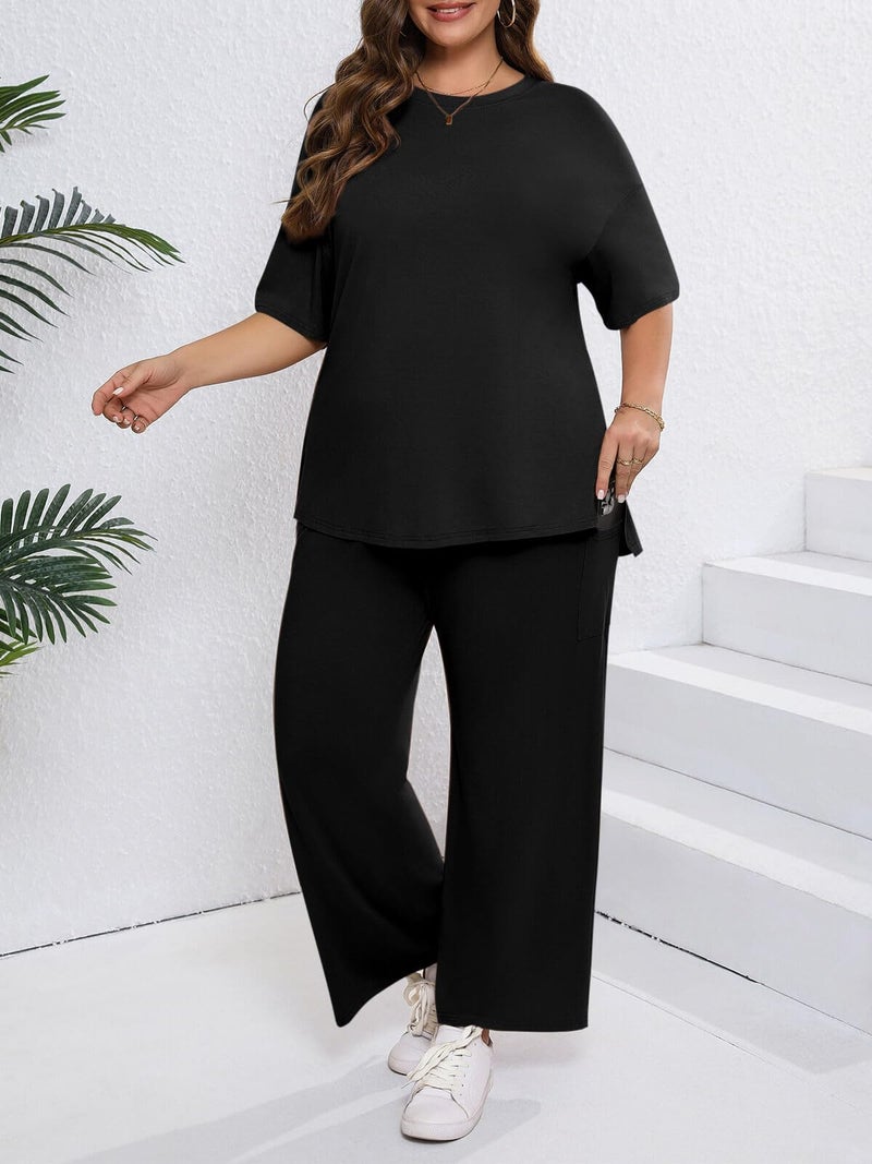 Beautife Womens Plus Size Lounge Sets Short Sleeve Tops Wide Leg Pants 2 Piece Outfits Tracksuit with Pockets - Image 5