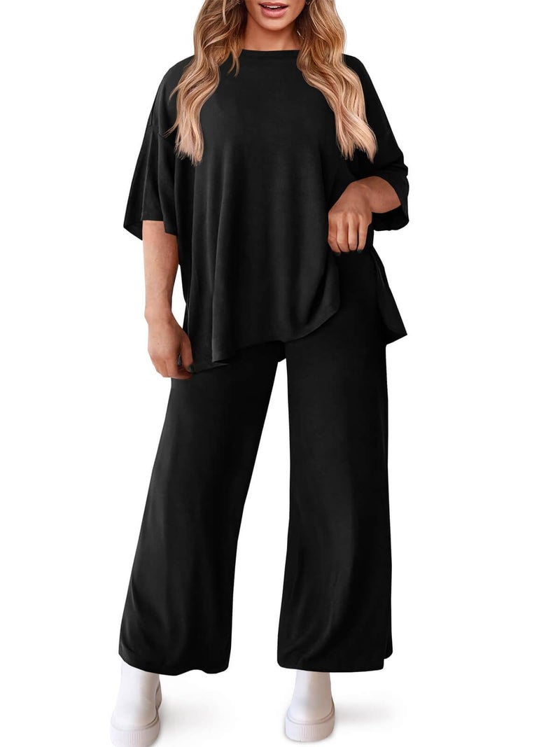 Beautife Womens Plus Size Lounge Sets Short Sleeve Tops Wide Leg Pants 2 Piece Outfits Tracksuit with Pockets - Image 1