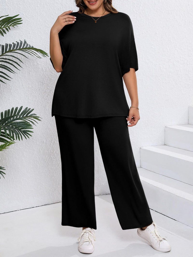 Beautife Womens Plus Size Lounge Sets Short Sleeve Tops Wide Leg Pants 2 Piece Outfits Tracksuit with Pockets - Image 2