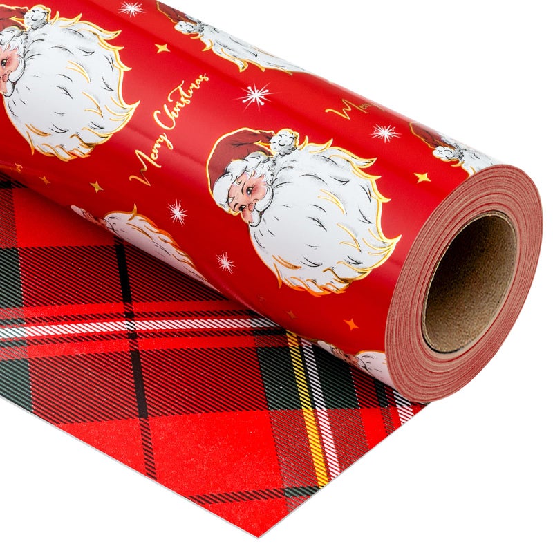 Yarcony Red Christmas Wrapping Paper Roll Santa Wrapping Paper Retro Classic Red Santa Claus Stewart Tartan Plaid Christmas Gift Wrap Sheets for Winter Holiday Festive Decor 17 Inch X 33 Feet - Image 3