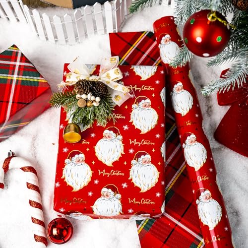 Yarcony Red Christmas Wrapping Paper Roll Santa Wrapping Paper Retro Classic Red Santa Claus Stewart Tartan Plaid Christmas Gift Wrap Sheets for Winter Holiday Festive Decor 17 Inch X 33 Feet - Image 5