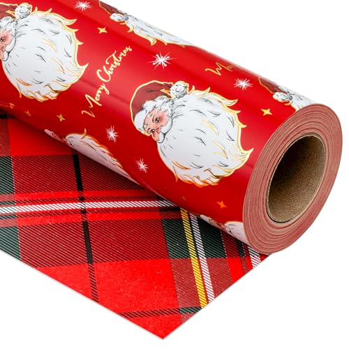 Yarcony Red Christmas Wrapping Paper Roll Santa Wrapping Paper Retro Classic Red Santa Claus Stewart Tartan Plaid Christmas Gift Wrap Sheets for Winter Holiday Festive Decor 17 Inch X 33 Feet - Image 2