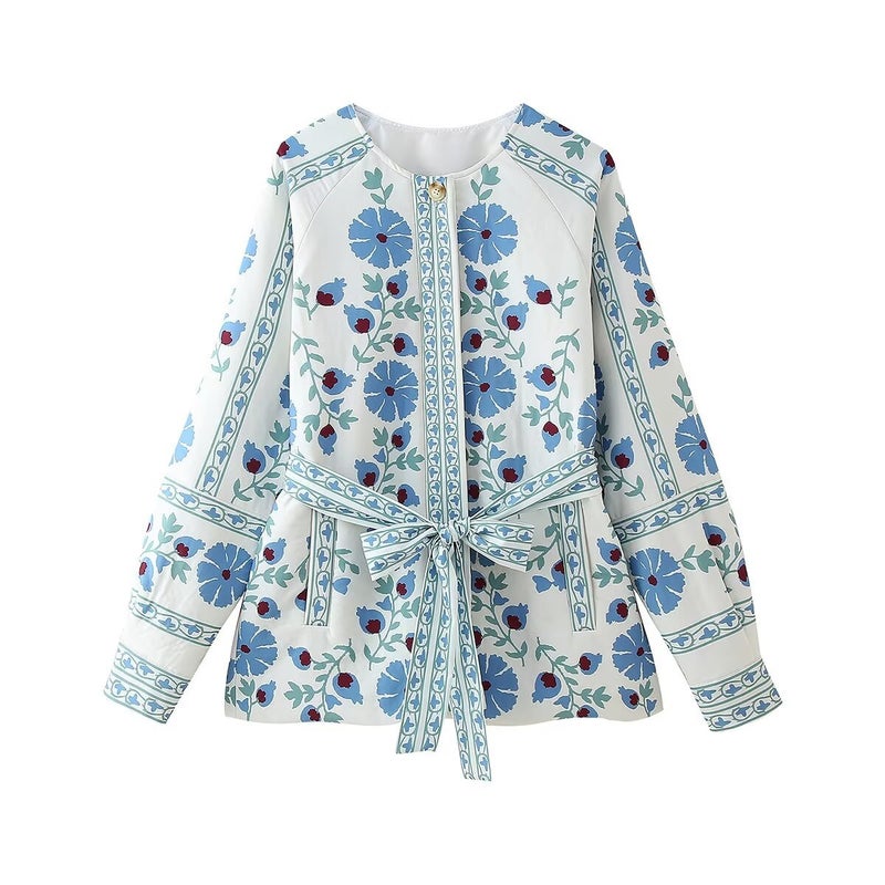 Cross-border Autumn and Winter New Street All-match Printed Lace-up Waist Single-breasted Jacket Womens Warm Cotton-padded Coat Picture color