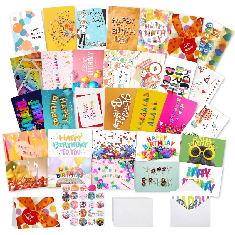 Joyberg 32 PCS Happy Birthday Cards Bulk with Envelopes, 4x6 Assorted Birthday Cards - Image 1