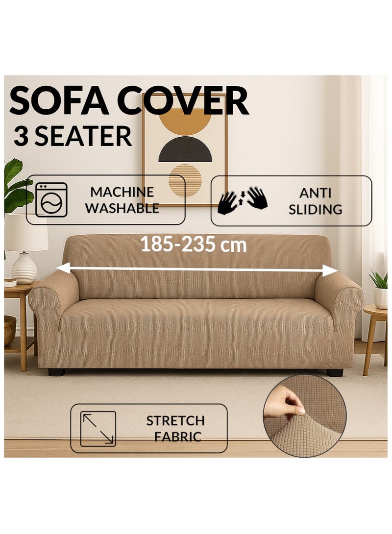 Fabienne Stretch Fit 3-Seater Sofa Cover Soft Brushed Fabric Couch Cover Exquisitely Full Coverage Furniture Protector Slipcover Three Seater Fits on Standard and Recliner Sofa 185-235cm Size Sand Beige - Image 1