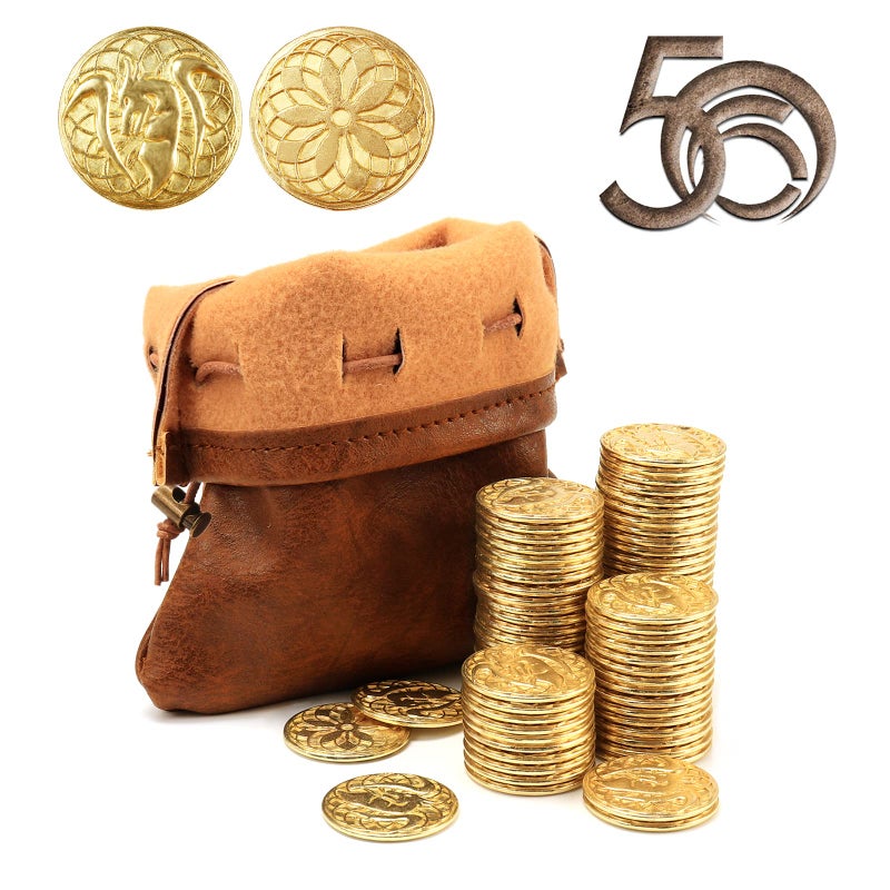 Byhoo 50 PCS Gold Coins PU Leather Bag DND Metal Coins Fantasy Coins Treasure for Board Games Fake Coins As Game Tokens for Dungeons Dragons Tabletop TTRPG Games Medieval Retro Accessories Addons - Image 2