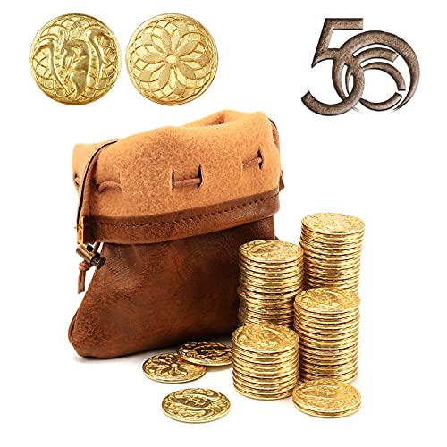 Byhoo 50 PCS Gold Coins PU Leather Bag DND Metal Coins Fantasy Coins Treasure for Board Games Fake Coins As Game Tokens for Dungeons Dragons Tabletop TTRPG Games Medieval Retro Accessories Addons - Image 1