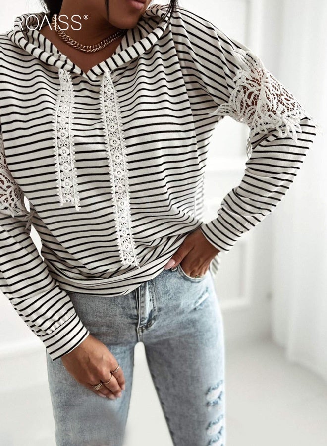 roaiss Women's Chic Striped Hooded Sweatshirt Fashionable Lace Patchwork Detail with Adjustable Drawstring, Soft Polyester Knit Fabric for Casual Fall and Winter Wear, Unique Pullover Design - Image 2