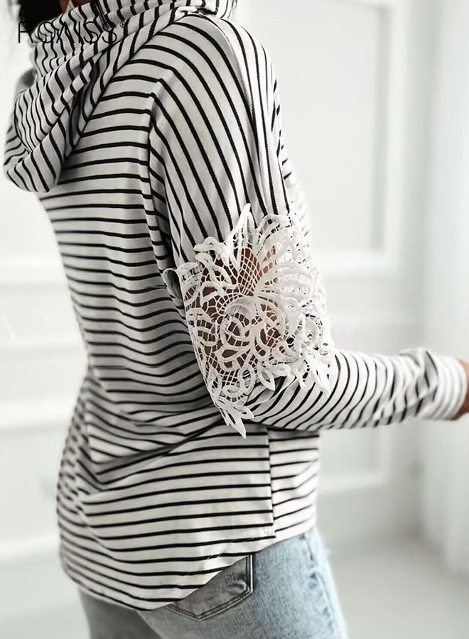 roaiss Women's Chic Striped Hooded Sweatshirt Fashionable Lace Patchwork Detail with Adjustable Drawstring, Soft Polyester Knit Fabric for Casual Fall and Winter Wear, Unique Pullover Design - Image 4