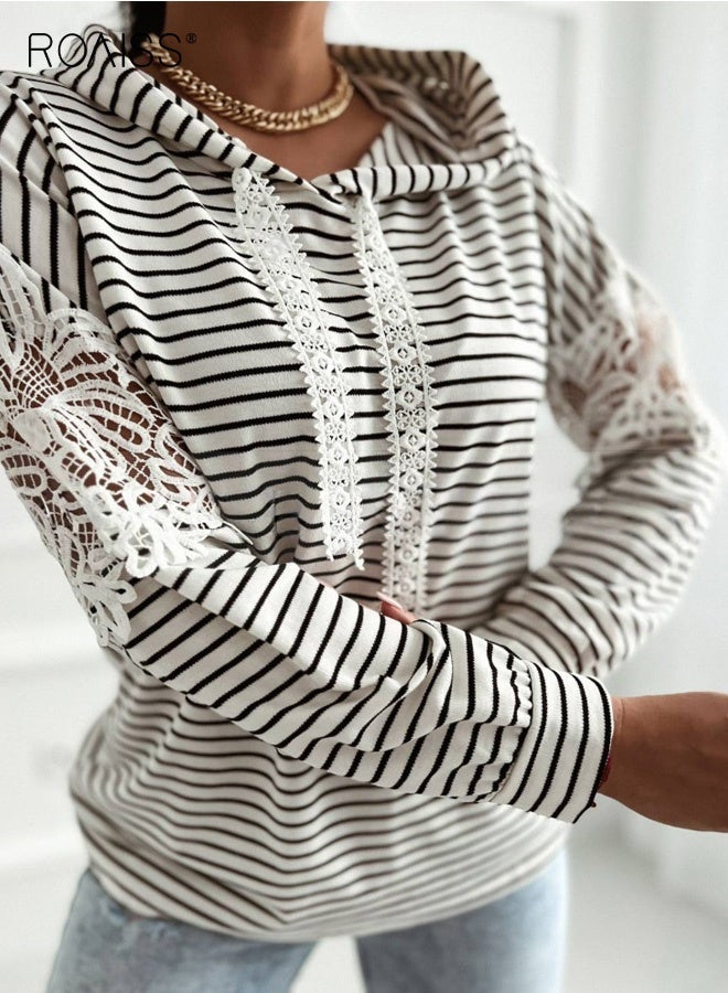 roaiss Women's Chic Striped Hooded Sweatshirt Fashionable Lace Patchwork Detail with Adjustable Drawstring, Soft Polyester Knit Fabric for Casual Fall and Winter Wear, Unique Pullover Design - Image 3
