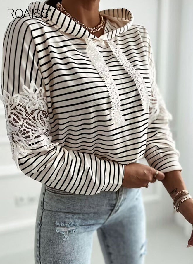 roaiss Women's Chic Striped Hooded Sweatshirt Fashionable Lace Patchwork Detail with Adjustable Drawstring, Soft Polyester Knit Fabric for Casual Fall and Winter Wear, Unique Pullover Design - Image 1