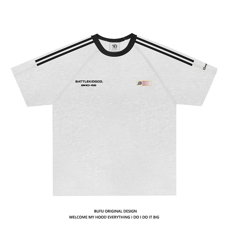 American Style Trendy Brand Three Bars Flag Printed Short-Sleeved T-Shirt For Men And Women Summer Street Loose Couple Half-Sleeved T-Shirt - Image 1