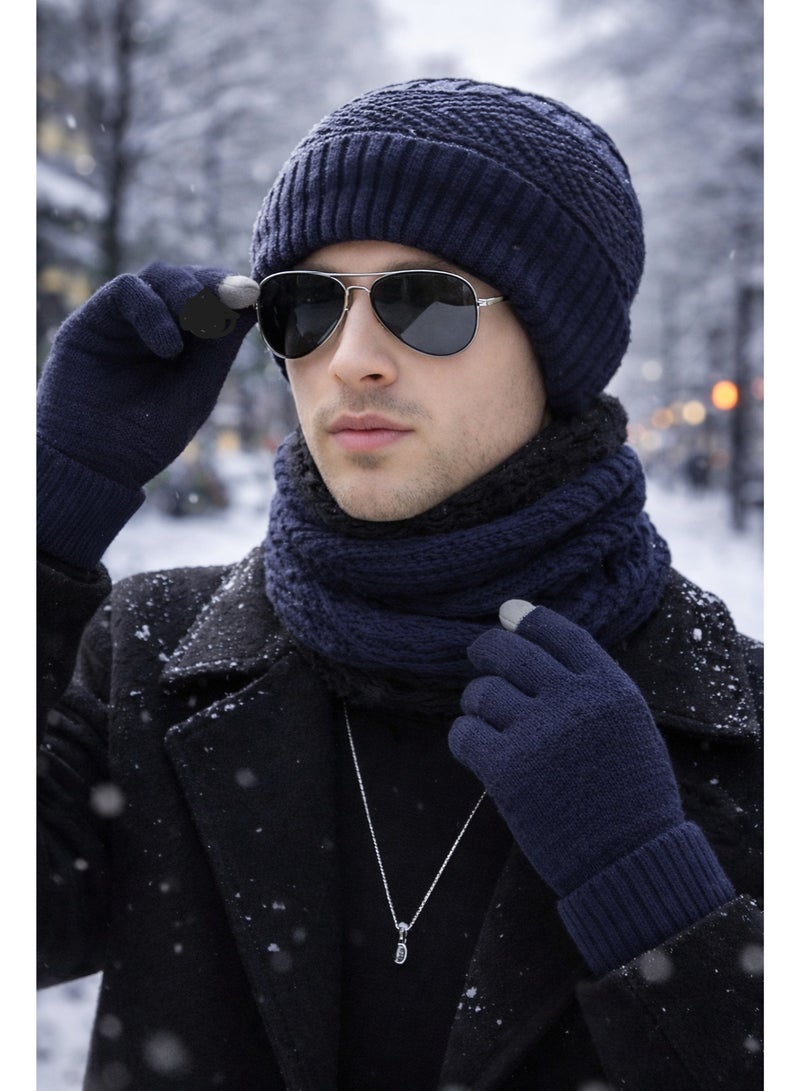 A luxurious men's winter 3-piece set consisting of a winter hat, neck gaiter, and winter gloves. Made from soft wool, this set adds a touch of luxury and elegance to your winter look. - Image 2