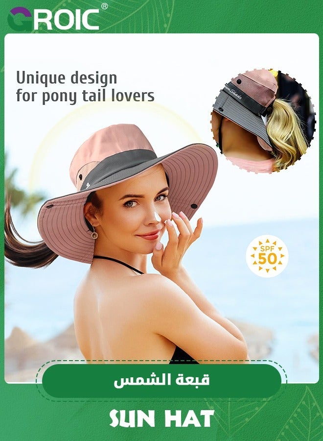 GROIC Women's Sun Hat with Ponytail Hole, Shade UV Protection Foldable Mesh Wide Brim Beach Fishing for Women, Super Hiking  - Image 3