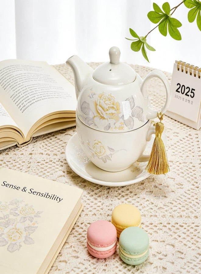 Nagpew Tea for One Set, Porcelain Floral Teapot Cup Saucer Set with Tassel Decorative, Vintage Bone China Teapot Rose Pattern Gift for Women Home Office, Dishwasher, Microwave Safe - Image 4
