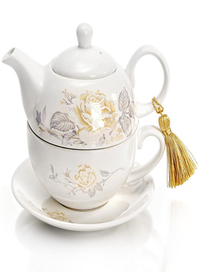 Nagpew Tea for One Set, Porcelain Floral Teapot Cup Saucer Set with Tassel Decorative, Vintage Bone China Teapot Rose Pattern Gift for Women Home Office, Dishwasher, Microwave Safe - Image 1