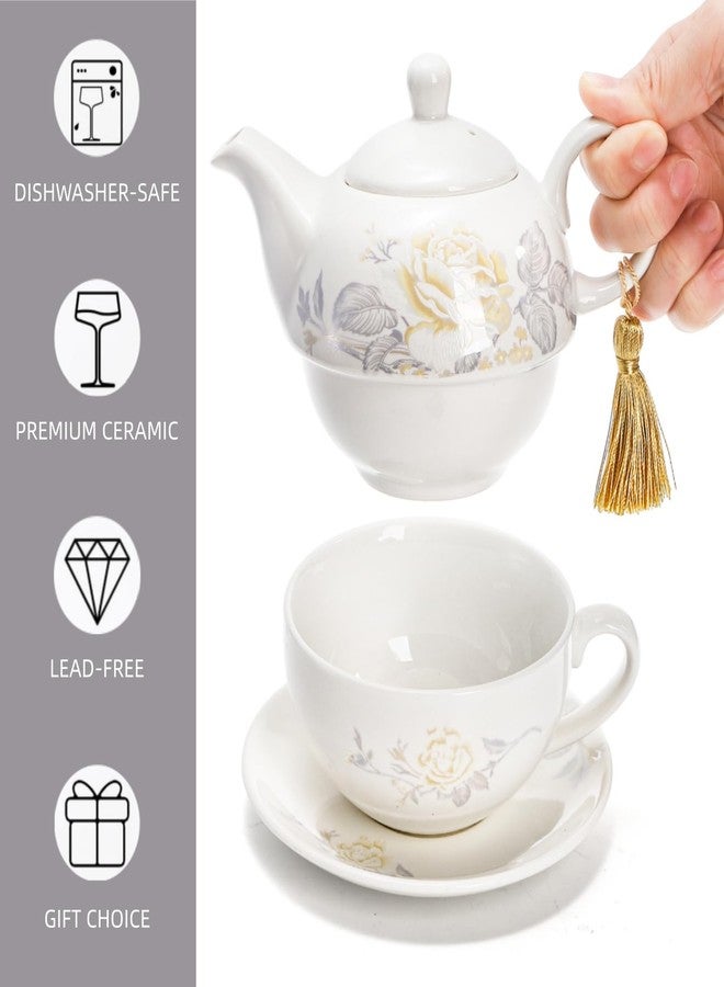 Nagpew Tea for One Set, Porcelain Floral Teapot Cup Saucer Set with Tassel Decorative, Vintage Bone China Teapot Rose Pattern Gift for Women Home Office, Dishwasher, Microwave Safe - Image 3