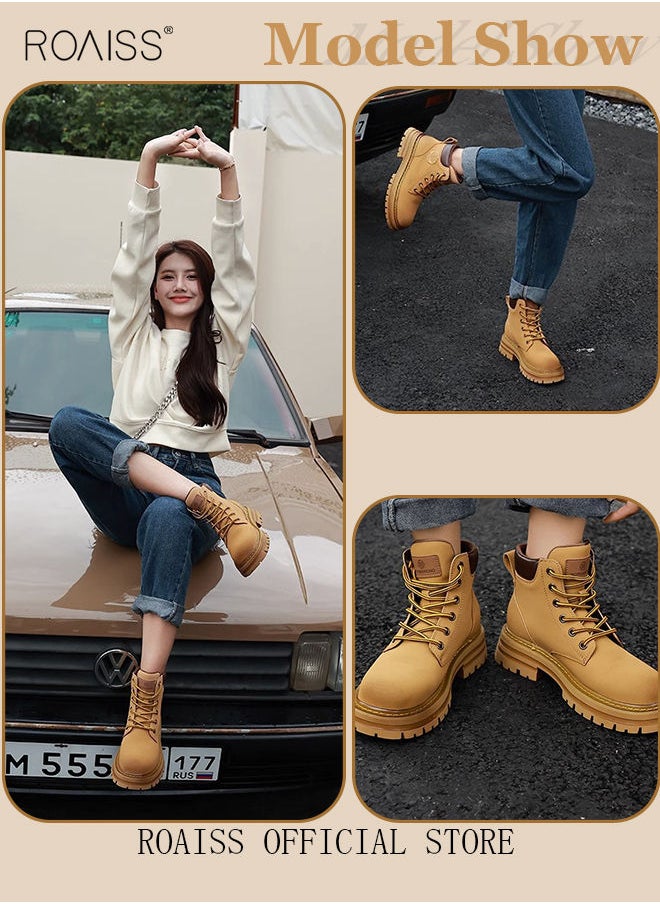 roaiss - Women's Ankle Boots Ladies Combat Ankle Winter Warm Soft Casual Shoes Women High Top Leather Martin Boots Women Low Heel Lace Up Outdoor Trekking Hiking Work Boots - Image 1