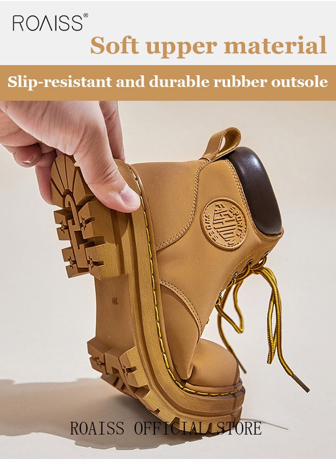roaiss - Women's Ankle Boots Ladies Combat Ankle Winter Warm Soft Casual Shoes Women High Top Leather Martin Boots Women Low Heel Lace Up Outdoor Trekking Hiking Work Boots - Image 1