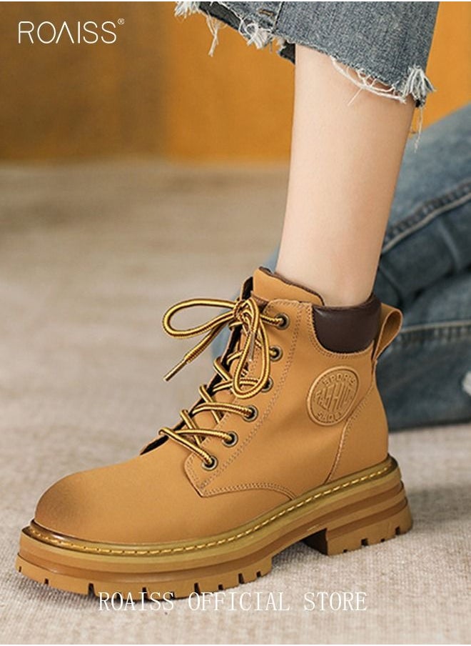 roaiss - Women's Ankle Boots Ladies Combat Ankle Winter Warm Soft Casual Shoes Women High Top Leather Martin Boots Women Low Heel Lace Up Outdoor Trekking Hiking Work Boots - Image 1