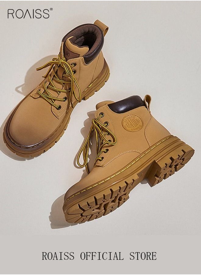 roaiss - Women's Ankle Boots Ladies Combat Ankle Winter Warm Soft Casual Shoes Women High Top Leather Martin Boots Women Low Heel Lace Up Outdoor Trekking Hiking Work Boots - Image 1