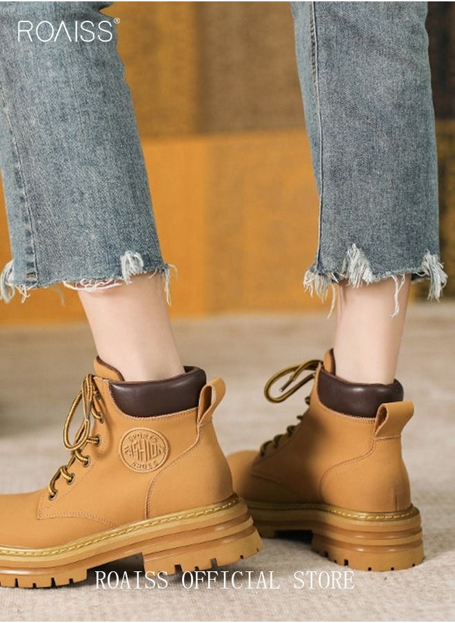 roaiss - Women's Ankle Boots Ladies Combat Ankle Winter Warm Soft Casual Shoes Women High Top Leather Martin Boots Women Low Heel Lace Up Outdoor Trekking Hiking Work Boots - Image 1