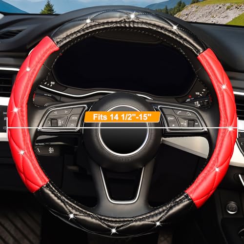 KAFEEK Diamond Soft Leather Steering Wheel Cover with Bling Bling Crystal Rhinestones, Universal 15 inch, Black Red - Image 2