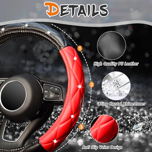 KAFEEK Diamond Soft Leather Steering Wheel Cover with Bling Bling Crystal Rhinestones, Universal 15 inch, Black Red - Image 5