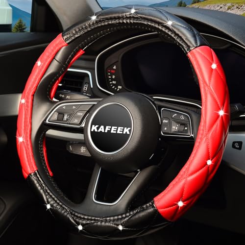 KAFEEK Diamond Soft Leather Steering Wheel Cover with Bling Bling Crystal Rhinestones, Universal 15 inch, Black Red - Image 3