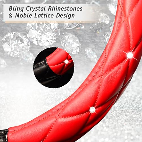 KAFEEK Diamond Soft Leather Steering Wheel Cover with Bling Bling Crystal Rhinestones, Universal 15 inch, Black Red - Image 4
