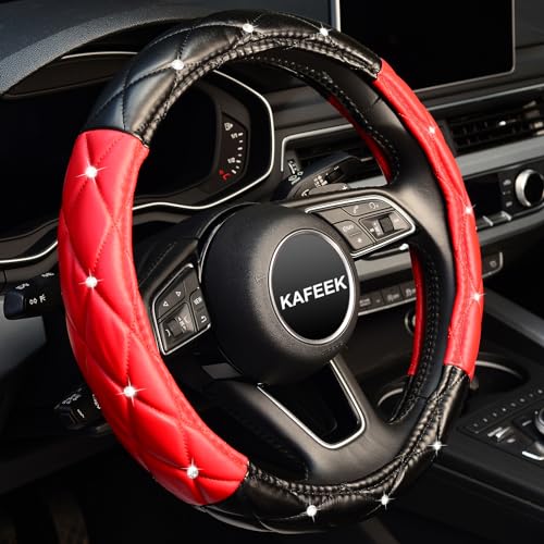 KAFEEK Diamond Soft Leather Steering Wheel Cover with Bling Bling Crystal Rhinestones, Universal 15 inch, Black Red - Image 1