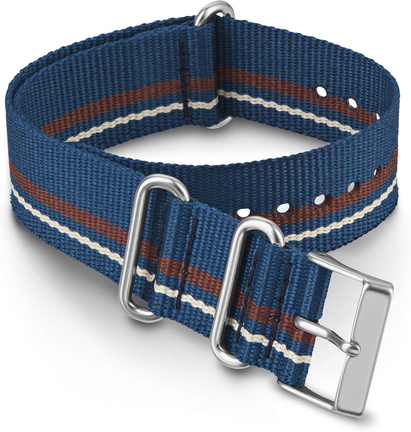 Timex Double-Layer 20mm Slip-Thru Strap - Blue/Brown Stripe with Silver-Tone Hardware